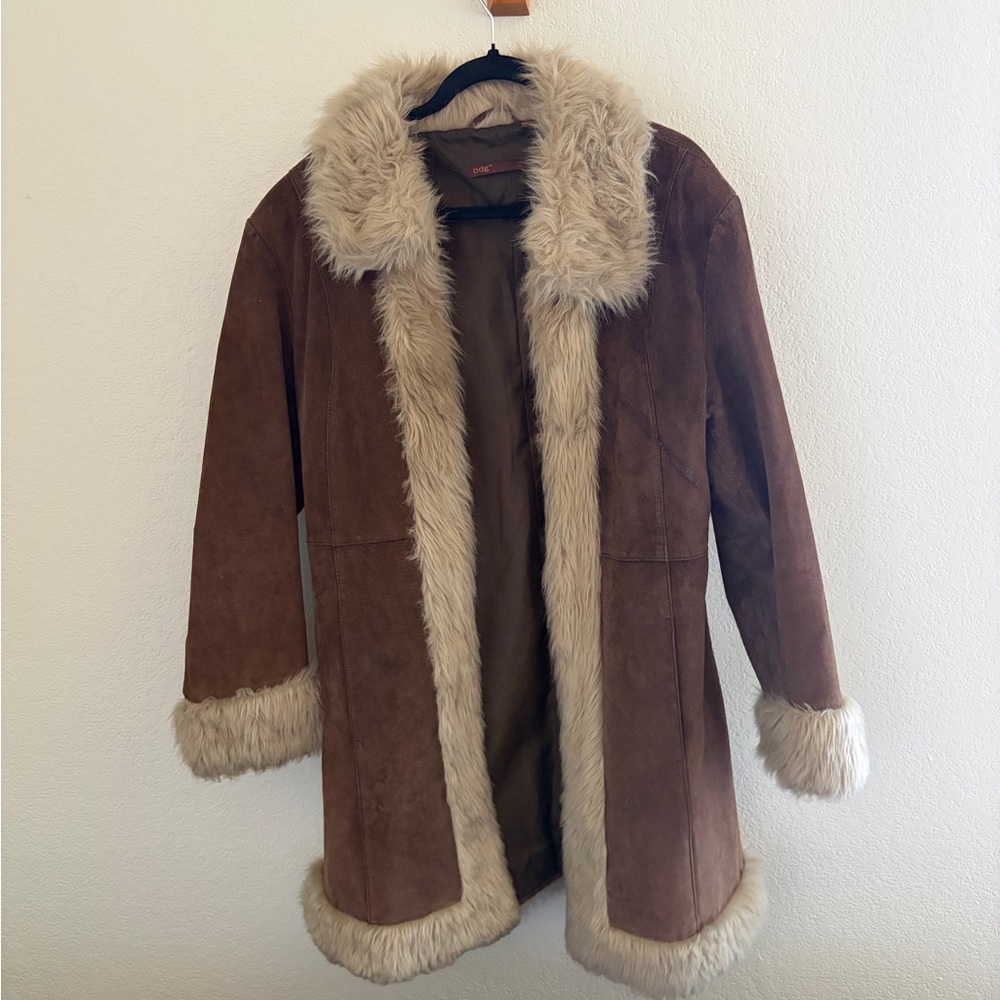 BDG 100% Leather Brown Teddy Jacket with Cream Faux Fur Trim